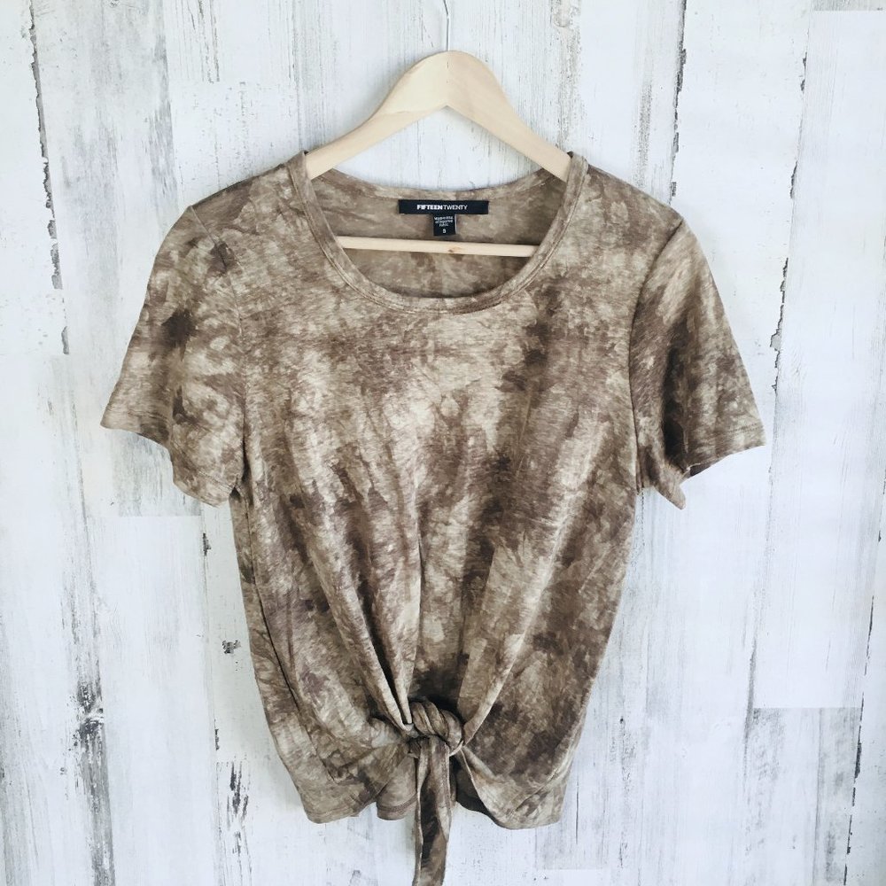 NWOT Fifteen Twenty 100% Linen Tee Front Knot Waist Tie Tie Dye Khaki Knit Top
